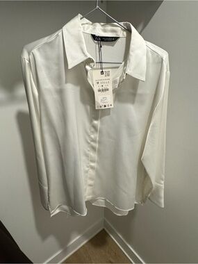 Zara Cream Satin Button-Down Shirt